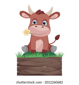 Vector illustration red bull with yellow flower in the mouth with wood board on white isolated background.