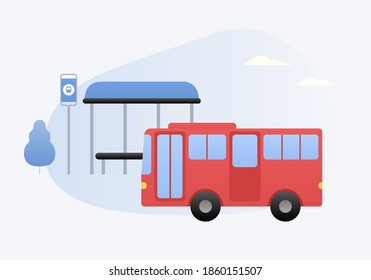 Eine Vektorgrafik eines roten Busses vor der Bushaltestelle.