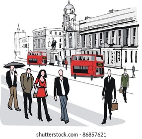 Vector illustration of red bus in London, England