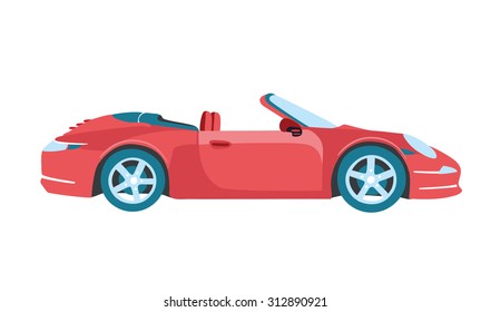 Vector illustration of red cabriolet car with lettering on white isolated background