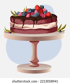 Vector illustration of red cake with chocolate and berries, cake stand isolated on white blue background. Bakeries, design, confectionery, cafe, print concept.