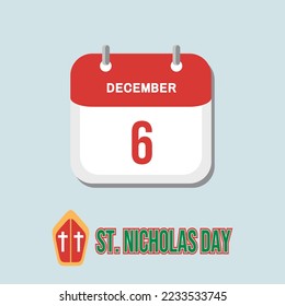 Vector illustration of red calendar 6th december Saint Nicholas Day blue background. Celebrate winter holidays.