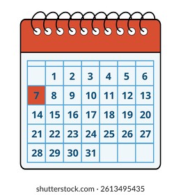 Vector illustration of a red calendar with all the days of the month and a specific day marked, day 07.