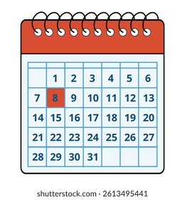Vector illustration of a red calendar with all the days of the month and a specific day marked, day 08.