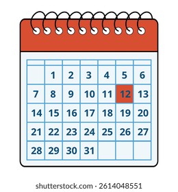Vector illustration of a red calendar with all the days of the month and a specific day marked, day 12.