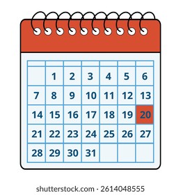 Vector illustration of a red calendar with all the days of the month and a specific day marked, day 20.