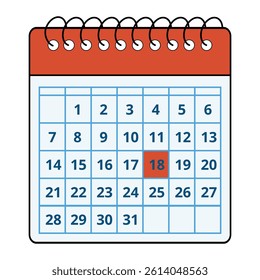 Vector illustration of a red calendar with all the days of the month and a specific day marked, day 18.