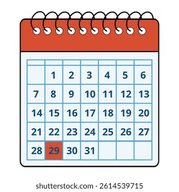Vector illustration of a red calendar with all the days of the month and a specific day marked, day 29.