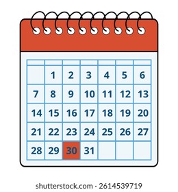 Vector illustration of a red calendar with all the days of the month and a specific day marked, day 30.