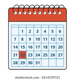 Vector illustration of a red calendar with all the days of the month and a specific day marked, day 22.