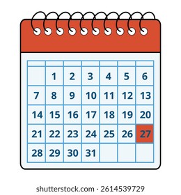 Vector illustration of a red calendar with all the days of the month and a specific day marked, day 27.
