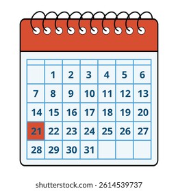 Vector illustration of a red calendar with all the days of the month and a specific day marked, day 21.