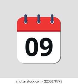 Vector illustration of red calendar icon marked on day 09.
