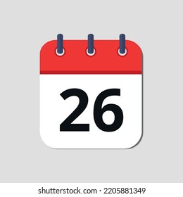 Vector illustration of red calendar icon marked on day 26.