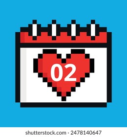 Vector illustration of red calendar icon with heart in pixel art with specific day marking a specific day, day 02.