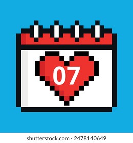 Ilustración vectorial de ícono de calendario rojo con corazón en pixel art con día específico marcando un día específico, día 07.