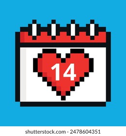 Vector illustration of red calendar icon with heart in pixel art with specific day marking a specific day, day 14.
