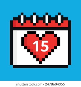 Ilustración vectorial de ícono de calendario rojo con corazón en pixel art con día específico marcando un día específico, día 15.