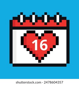 Ilustración vectorial de ícono de calendario rojo con corazón en pixel art con día específico marcando un día específico, día 16.