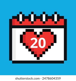 Ilustración vectorial de ícono de calendario rojo con corazón en pixel art con día específico marcando un día específico, día 20.