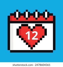 Vektorillustration des roten Kalendersymbols mit Herz in Pixelkunst mit einem bestimmten Tag, Tag 12.
