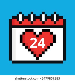 Ilustración vectorial de ícono de calendario rojo con corazón en pixel art con día específico marcando un día específico, día 24.