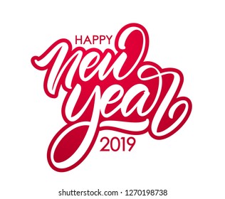 Vector illustration. Red Calligraphic brush lettering composition of Happy New Year 2019 on white background.