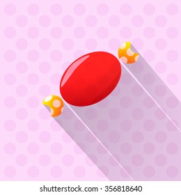 Vector illustration of a red candy with long shadow on polka dot background