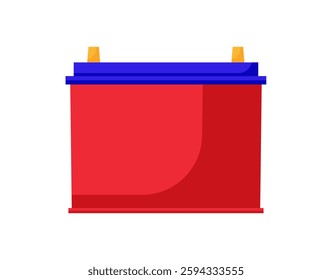 Vector illustration of a red car battery with orange and blue terminals on a white background.