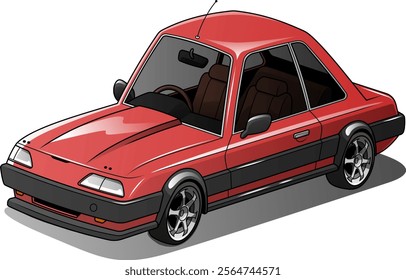 a vector illustration of a red car with black accents, featuring detailed elements such as alloy wheels, side mirrors, and a visible interior, making it visually appealing and relevant for automotive 