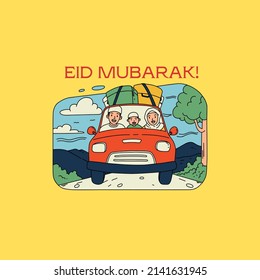 Vector illustration of red car graphics, parents and children. top view, perfect for backgrounds, wallpapers, and celebrating the month of Ramadan