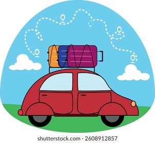 Vector illustration of a red car with luggage on the roof in the sky