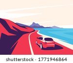 Vector illustration of a red car moving along the ocean mountain road.