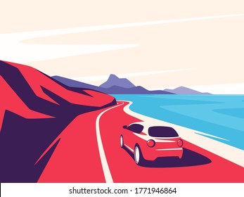 Vector illustration of a red car moving along the ocean mountain road.