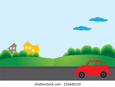Vector illustration of a red car on the road.