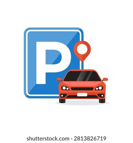vector illustration of Red Car Parked In Front Of Parking Sign With Location Pin For Parking App