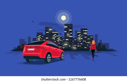 Vector Illustration Of A Red Car Suv Parking On The Street At Night With Young Woman Walking Silhouette. Dark City Building Lights Skyline Illustrated In The Blue Road Background. 