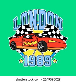 ILUSTRACIÓN VECTORIAL DE UN COCHE ROJO CON EL TEXTO LONDRES, IMPRESIÓN DE LEMA