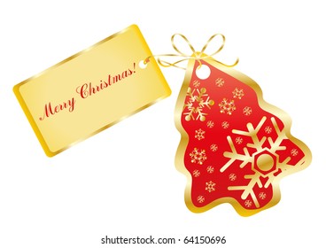 Vector illustration of a red card in the shape of a tree with the text Merry Christmas