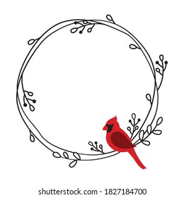 Vector Illustration Of A Red Cardinal Bird On A Round Doodle Wreath Frame.