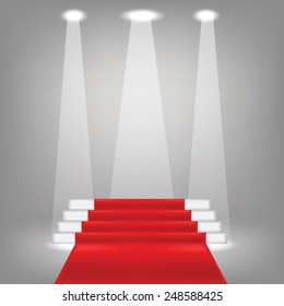  Vector Illustration  with Red Carpet. Vector Concert Lighting. Stage Spotlights Background. Lantern Illuminates Grey Background. Spotlight Pattern