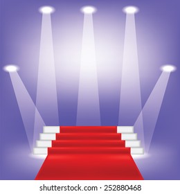 Vector Illustration with Red Carpet. Concert Lighting. Stage Spotlights Background. Lantern Illuminates Blue Background. Spotlight Pattern