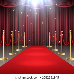 Vector illustration of Red carpet and curtain and  barrier rope in glow of spotlights