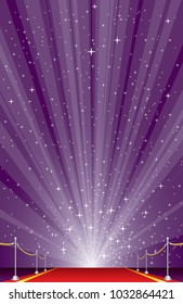 vector illustration with red carpet and purple star burst, vertical show business background, layered and editable