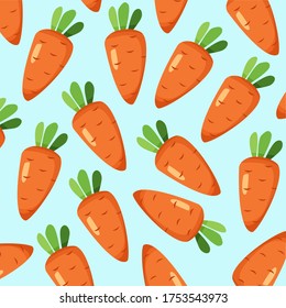 Vector Illustration Of An Red Carrot  On Blue Background. Decoration Of Vegetables. Pattern For Design, Graphic, Postcard, Web.Vegetarian Ornament In Cartoon Style.