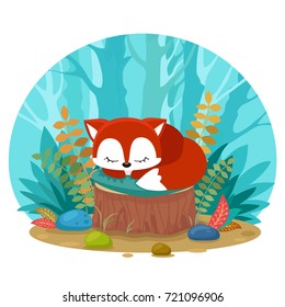 Vector illustration of red cartoon cute fox in the autumn forest. Mascot.
