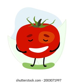 Vector illustration with a red cartoon tomato with limbs and a face. The tomato laughs.