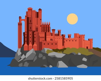 
Vector Illustration Of A Red Castle On A Rocky Hill With A Bright Sun In The Background. A Fantasy Medieval Fortress With Towers, Walls, And A Majestic Design. Perfect For Fairy Tales, Games, History