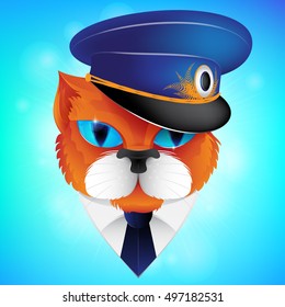 Vector illustration of a red cat with the captain's hat and tie. This vector illustration can be used for textile, greeting business card background, phone case print and more.