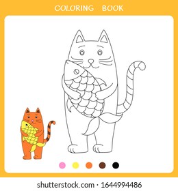 Vector illustration of red cat and golden fish for coloring book. Simple educational game for kids